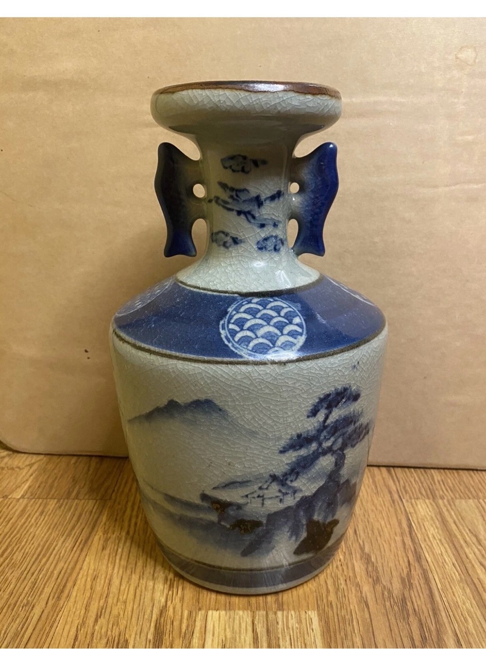 Vintage Blue And White Japanese Handmade Mountain Scenery Pottery Baluster Vase.